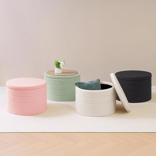 B FSOBEIIALEO Round Sherpa Storage Ottoman Stool - 22"x22"x15.75" (White) - Stylish Foot Rest with Eco-Friendly Certific