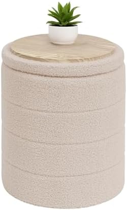 B FSOBEIIALEO Round Sherpa Storage Ottoman Stool - 22"x22"x15.75" (White) - Stylish Foot Rest with Eco-Friendly Certific