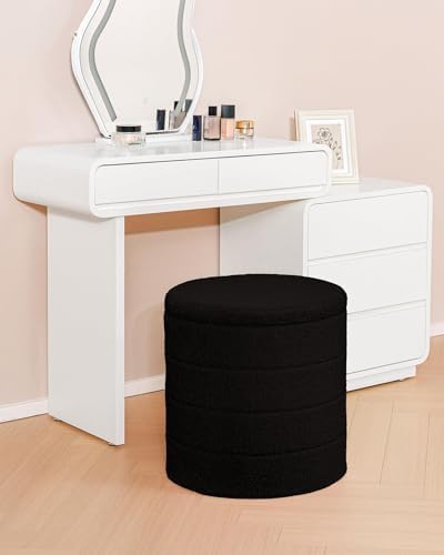 B FSOBEIIALEO Round Sherpa Storage Ottoman Stool - 22"x22"x15.75" (White) - Stylish Foot Rest with Eco-Friendly Certific