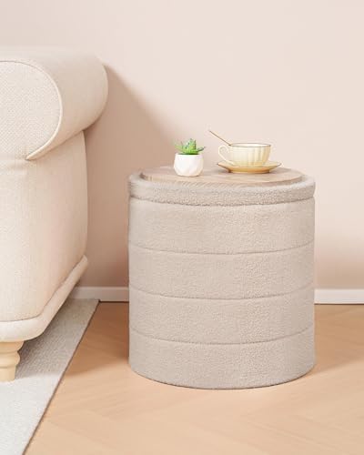 B FSOBEIIALEO Round Sherpa Storage Ottoman Stool - 22"x22"x15.75" (White) - Stylish Foot Rest with Eco-Friendly Certific