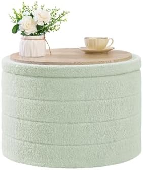 B FSOBEIIALEO Round Sherpa Storage Ottoman Stool - 22"x22"x15.75" (White) - Stylish Foot Rest with Eco-Friendly Certific