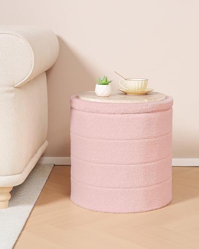 B FSOBEIIALEO Round Sherpa Storage Ottoman Stool - 22"x22"x15.75" (White) - Stylish Foot Rest with Eco-Friendly Certific