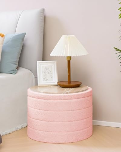 B FSOBEIIALEO Round Sherpa Storage Ottoman Stool - 22"x22"x15.75" (White) - Stylish Foot Rest with Eco-Friendly Certific