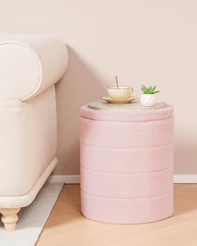 B FSOBEIIALEO Round Sherpa Storage Ottoman Stool - 22"x22"x15.75" (White) - Stylish Foot Rest with Eco-Friendly Certific