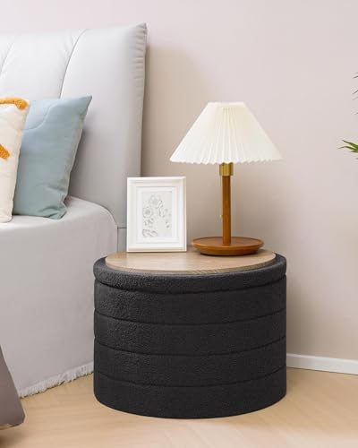 B FSOBEIIALEO Round Sherpa Storage Ottoman Stool - 22"x22"x15.75" (White) - Stylish Foot Rest with Eco-Friendly Certific