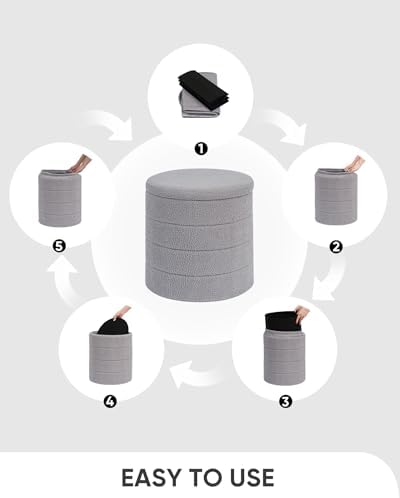 B FSOBEIIALEO Round Sherpa Storage Ottoman Stool - 22"x22"x15.75" (White) - Stylish Foot Rest with Eco-Friendly Certific