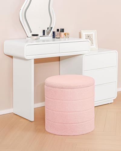 B FSOBEIIALEO Round Sherpa Storage Ottoman Stool - 22"x22"x15.75" (White) - Stylish Foot Rest with Eco-Friendly Certific