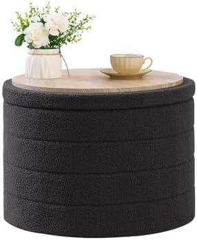 B FSOBEIIALEO Round Sherpa Storage Ottoman Stool - 22"x22"x15.75" (White) - Stylish Foot Rest with Eco-Friendly Certific