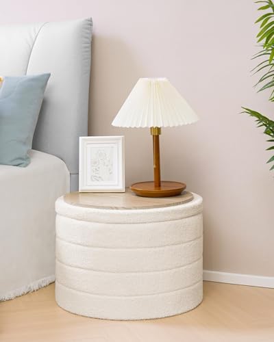 B FSOBEIIALEO Round Sherpa Storage Ottoman Stool - 22"x22"x15.75" (White) - Stylish Foot Rest with Eco-Friendly Certific