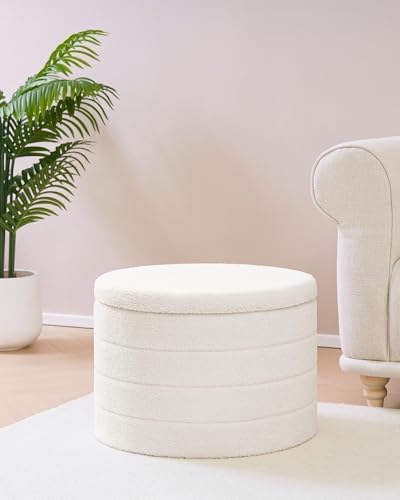 B FSOBEIIALEO Round Sherpa Storage Ottoman Stool - 22"x22"x15.75" (White) - Stylish Foot Rest with Eco-Friendly Certific