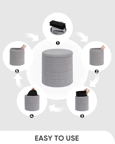 B FSOBEIIALEO Round Sherpa Storage Ottoman Stool - 22"x22"x15.75" (White) - Stylish Foot Rest with Eco-Friendly Certific