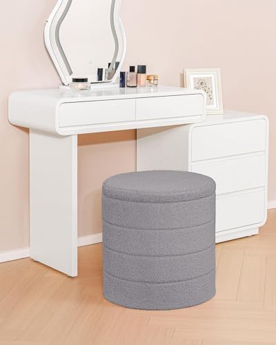 B FSOBEIIALEO Round Sherpa Storage Ottoman Stool - 22"x22"x15.75" (White) - Stylish Foot Rest with Eco-Friendly Certific
