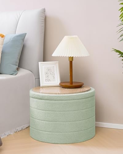 B FSOBEIIALEO Round Sherpa Storage Ottoman Stool - 22"x22"x15.75" (White) - Stylish Foot Rest with Eco-Friendly Certific