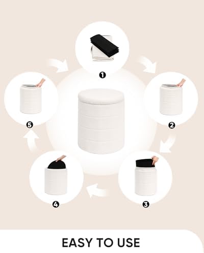 B FSOBEIIALEO Round Sherpa Storage Ottoman Stool - 22"x22"x15.75" (White) - Stylish Foot Rest with Eco-Friendly Certific