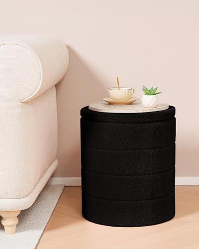 B FSOBEIIALEO Round Sherpa Storage Ottoman Stool - 22"x22"x15.75" (White) - Stylish Foot Rest with Eco-Friendly Certific