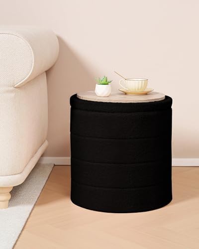 B FSOBEIIALEO Round Sherpa Storage Ottoman Stool - 22"x22"x15.75" (White) - Stylish Foot Rest with Eco-Friendly Certific