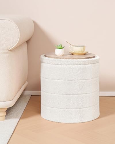 B FSOBEIIALEO Round Sherpa Storage Ottoman Stool - 22"x22"x15.75" (White) - Stylish Foot Rest with Eco-Friendly Certific