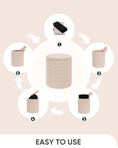 B FSOBEIIALEO Round Sherpa Storage Ottoman Stool - 22"x22"x15.75" (White) - Stylish Foot Rest with Eco-Friendly Certific