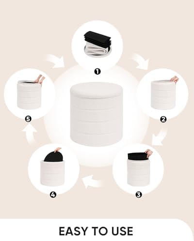 B FSOBEIIALEO Round Sherpa Storage Ottoman Stool - 22"x22"x15.75" (White) - Stylish Foot Rest with Eco-Friendly Certific