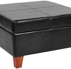HomePop Faux Leather Square Storage Ottoman - Stylish Black Footrest for Living Room, Functional Seating with Hidden Sto