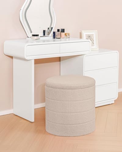 B FSOBEIIALEO Round Sherpa Storage Ottoman Stool - 22"x22"x15.75" (White) - Stylish Foot Rest with Eco-Friendly Certific