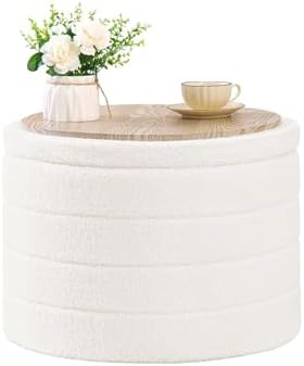 B FSOBEIIALEO Round Sherpa Storage Ottoman Stool - 22"x22"x15.75" (White) - Stylish Foot Rest with Eco-Friendly Certific