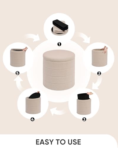 B FSOBEIIALEO Round Sherpa Storage Ottoman Stool - 22"x22"x15.75" (White) - Stylish Foot Rest with Eco-Friendly Certific