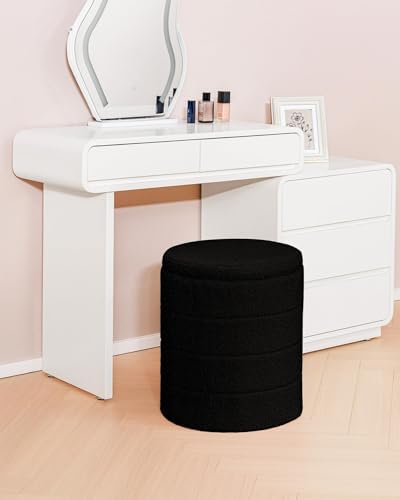 B FSOBEIIALEO Round Sherpa Storage Ottoman Stool - 22"x22"x15.75" (White) - Stylish Foot Rest with Eco-Friendly Certific