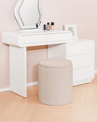 B FSOBEIIALEO Round Sherpa Storage Ottoman Stool - 22"x22"x15.75" (White) - Stylish Foot Rest with Eco-Friendly Certific