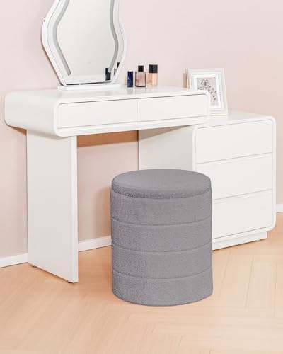 B FSOBEIIALEO Round Sherpa Storage Ottoman Stool - 22"x22"x15.75" (White) - Stylish Foot Rest with Eco-Friendly Certific