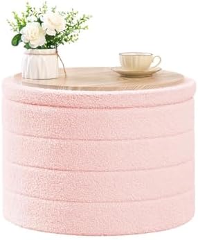 B FSOBEIIALEO Round Sherpa Storage Ottoman Stool - 22"x22"x15.75" (White) - Stylish Foot Rest with Eco-Friendly Certific