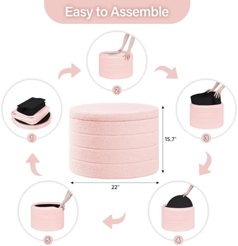 B FSOBEIIALEO Round Sherpa Storage Ottoman Stool - 22"x22"x15.75" (White) - Stylish Foot Rest with Eco-Friendly Certific