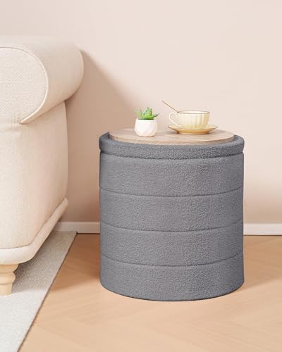 B FSOBEIIALEO Round Sherpa Storage Ottoman Stool - 22"x22"x15.75" (White) - Stylish Foot Rest with Eco-Friendly Certific