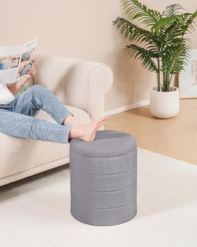 B FSOBEIIALEO Round Sherpa Storage Ottoman Stool - 22"x22"x15.75" (White) - Stylish Foot Rest with Eco-Friendly Certific