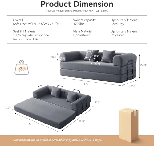 5-in-1 Convertible Sofa Bed, King Size Sleeper Couch with Bonus Pillows, Heavy Duty Frame for Movie Night & Guest Room,