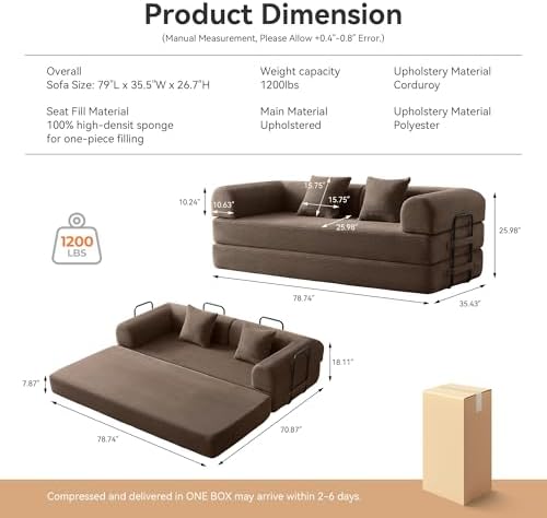 5-in-1 Convertible Sofa Bed, King Size Sleeper Couch with Bonus Pillows, Heavy Duty Frame for Movie Night & Guest Room,