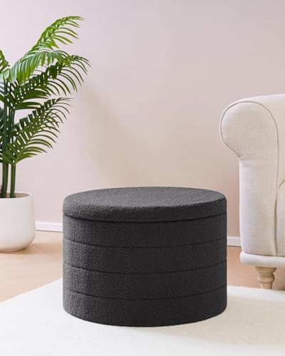 B FSOBEIIALEO Round Sherpa Storage Ottoman Stool - 22"x22"x15.75" (White) - Stylish Foot Rest with Eco-Friendly Certific