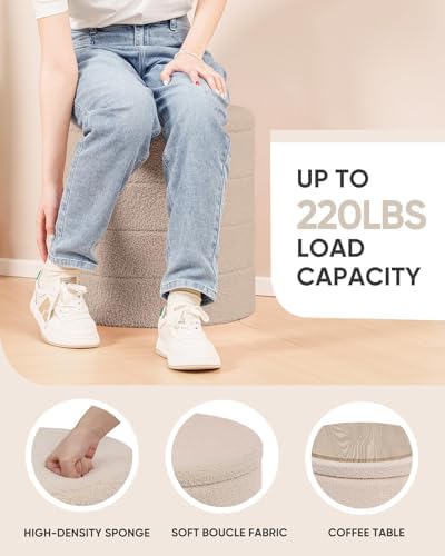 B FSOBEIIALEO Round Sherpa Storage Ottoman Stool - 22"x22"x15.75" (White) - Stylish Foot Rest with Eco-Friendly Certific