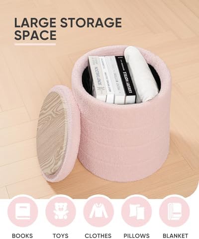 B FSOBEIIALEO Round Sherpa Storage Ottoman Stool - 22"x22"x15.75" (White) - Stylish Foot Rest with Eco-Friendly Certific