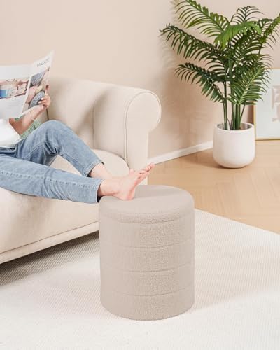 B FSOBEIIALEO Round Sherpa Storage Ottoman Stool - 22"x22"x15.75" (White) - Stylish Foot Rest with Eco-Friendly Certific