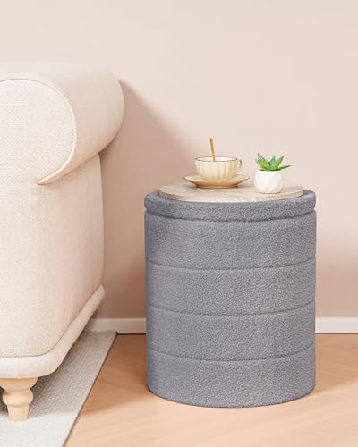 B FSOBEIIALEO Round Sherpa Storage Ottoman Stool - 22"x22"x15.75" (White) - Stylish Foot Rest with Eco-Friendly Certific