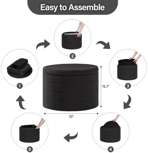 B FSOBEIIALEO Round Sherpa Storage Ottoman Stool - 22"x22"x15.75" (White) - Stylish Foot Rest with Eco-Friendly Certific