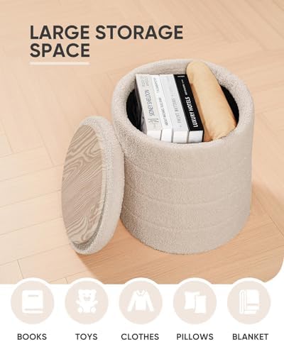 B FSOBEIIALEO Round Sherpa Storage Ottoman Stool - 22"x22"x15.75" (White) - Stylish Foot Rest with Eco-Friendly Certific