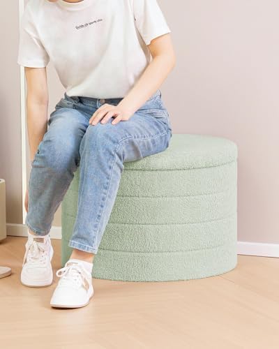 B FSOBEIIALEO Round Sherpa Storage Ottoman Stool - 22"x22"x15.75" (White) - Stylish Foot Rest with Eco-Friendly Certific