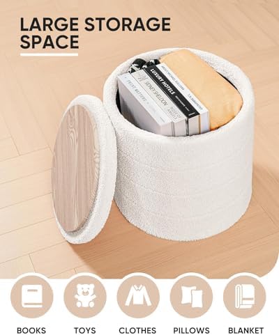 B FSOBEIIALEO Round Sherpa Storage Ottoman Stool - 22"x22"x15.75" (White) - Stylish Foot Rest with Eco-Friendly Certific