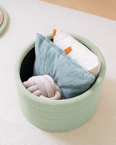 B FSOBEIIALEO Round Sherpa Storage Ottoman Stool - 22"x22"x15.75" (White) - Stylish Foot Rest with Eco-Friendly Certific