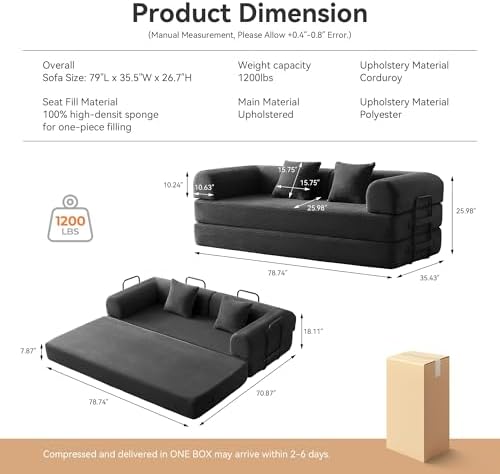 5-in-1 Convertible Sofa Bed, King Size Sleeper Couch with Bonus Pillows, Heavy Duty Frame for Movie Night & Guest Room,