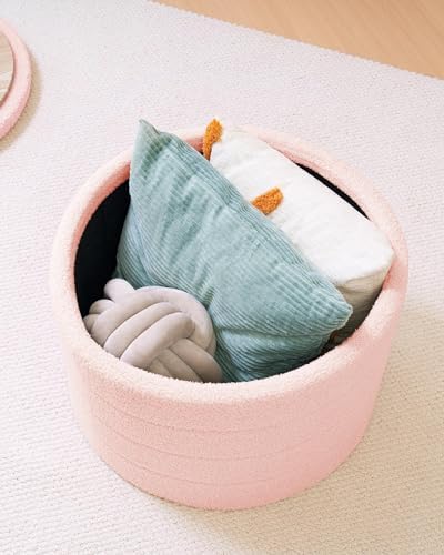 B FSOBEIIALEO Round Sherpa Storage Ottoman Stool - 22"x22"x15.75" (White) - Stylish Foot Rest with Eco-Friendly Certific