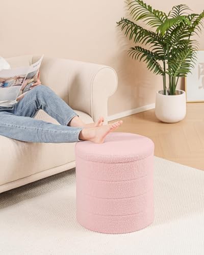B FSOBEIIALEO Round Sherpa Storage Ottoman Stool - 22"x22"x15.75" (White) - Stylish Foot Rest with Eco-Friendly Certific
