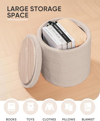 B FSOBEIIALEO Round Sherpa Storage Ottoman Stool - 22"x22"x15.75" (White) - Stylish Foot Rest with Eco-Friendly Certific